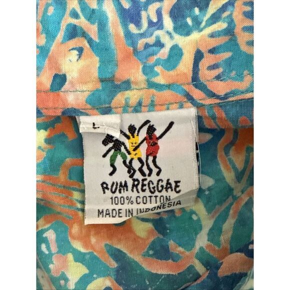 Rum Reggae Mens L Hawaiian Blue Green Button-Up Tropical Shirt Tahiti Grafitti - Picture 5 of 7